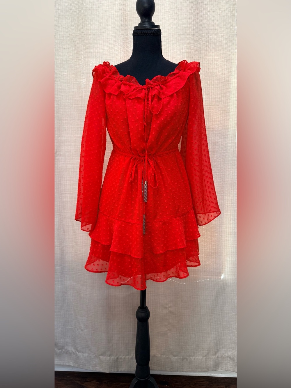 White Fox Red Swiss Dot Ruffle Long Sleeve Mini Dress Womens S Off Shoulder Boho